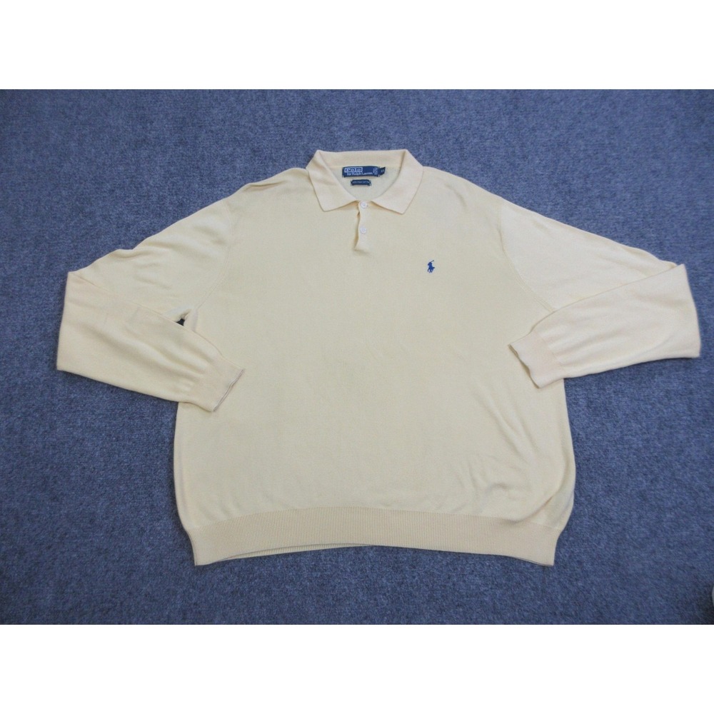 VTG Polo Ralph Lauren Sweater Mens XL Yellow Pima Cotton Knit Long Sleeve Collar